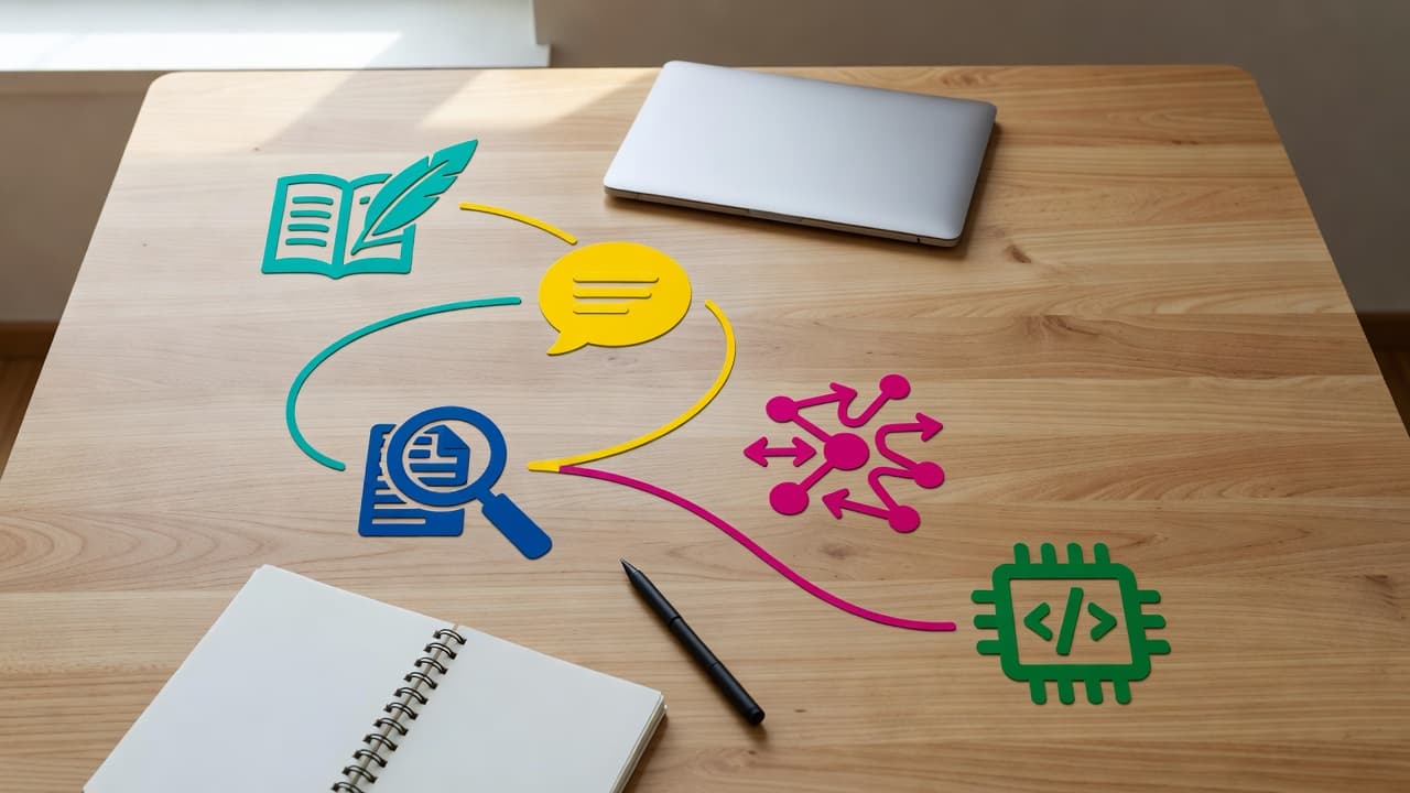 Five colorful minimalist icons are arranged in a precise path across a smooth wooden desk surface. Soft natural light highlights the organized sequence, representing distinct concepts for a professional digital workflow.