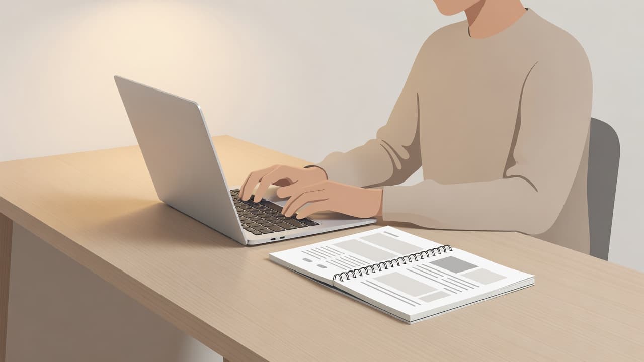 A neat desk with a laptop and notebook under warm lighting.