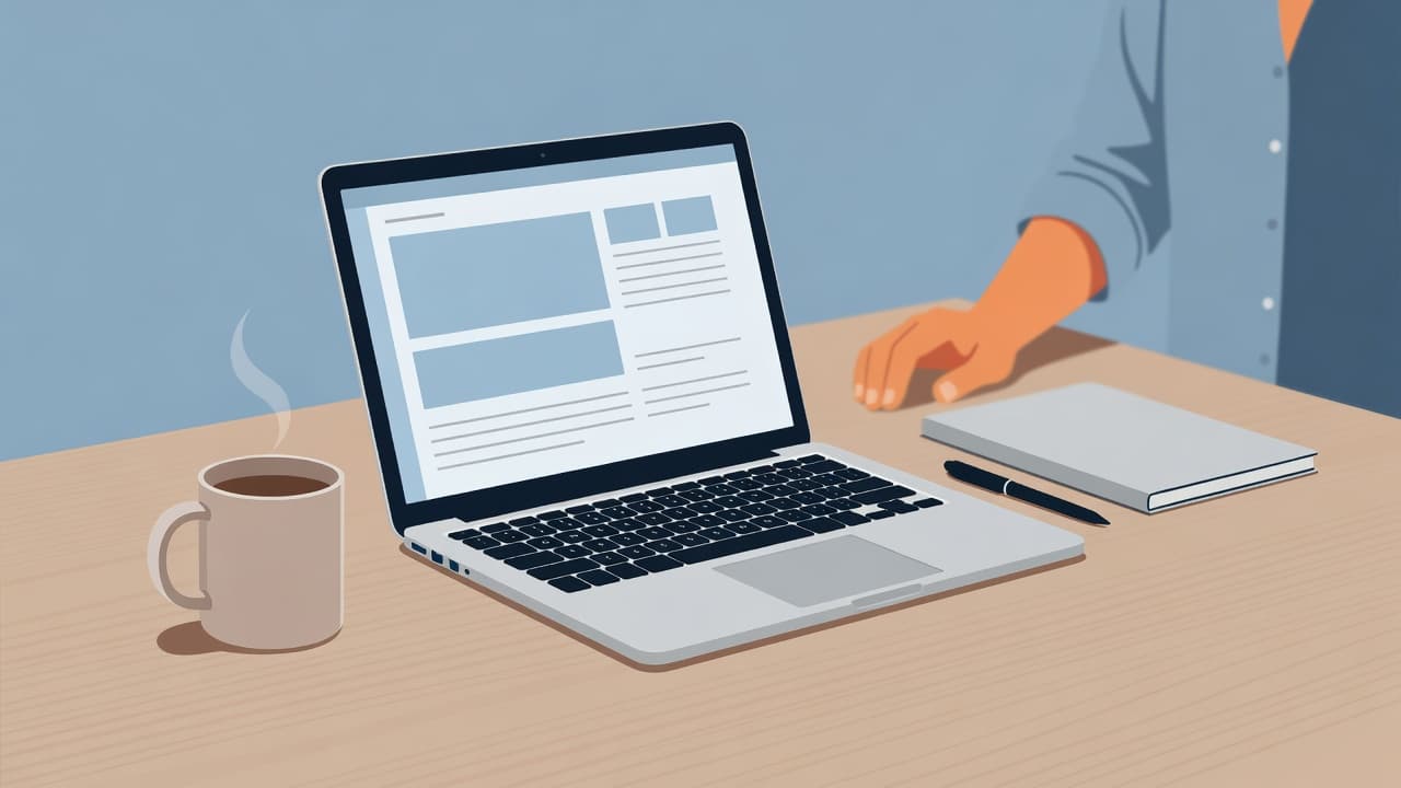 A neat desk with a laptop, notebook, and coffee mug.