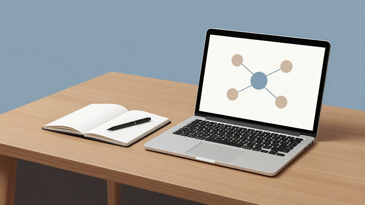 A wooden desk with a laptop showing a mind map, a notebook, and a pen.
