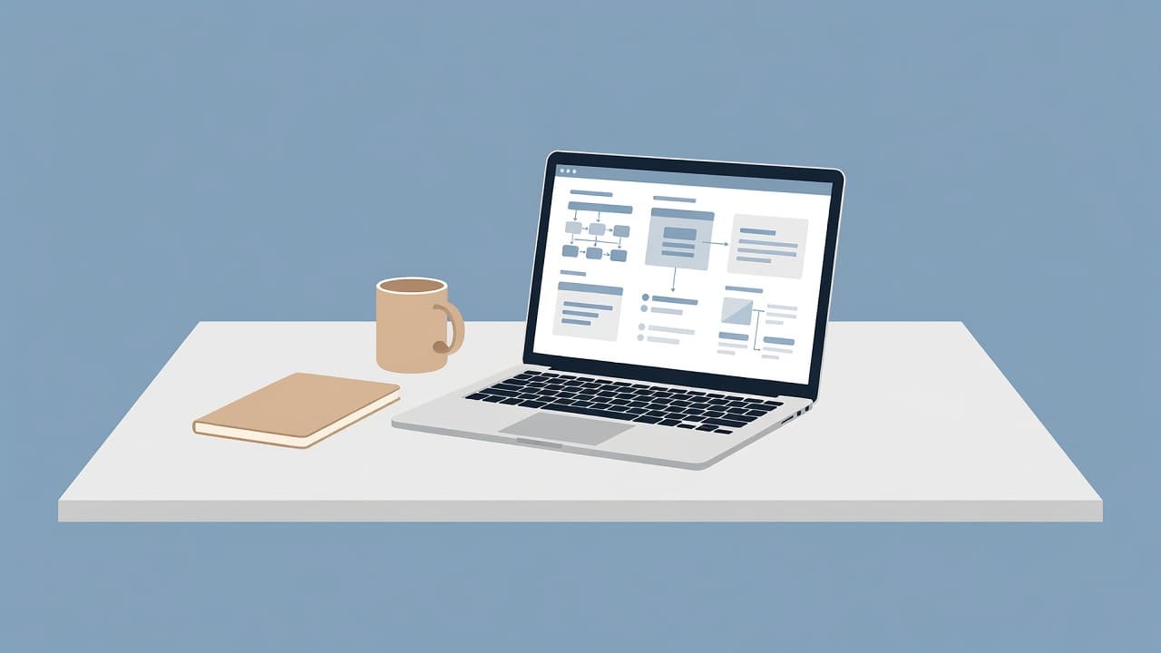 Vector illustration of a modern desk with a laptop, notebook, and coffee mug.