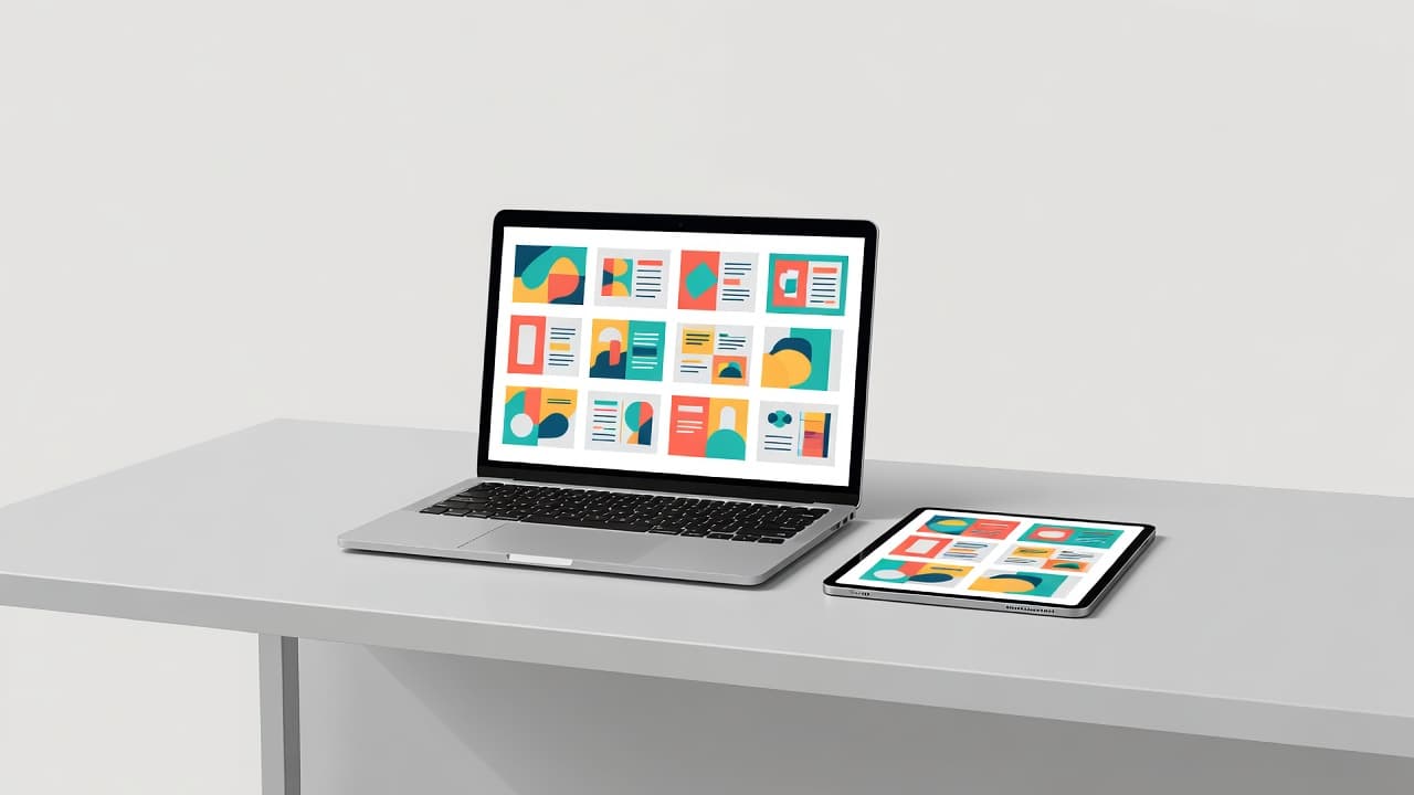 A desk with a laptop and tablet showing colorful planner templates.