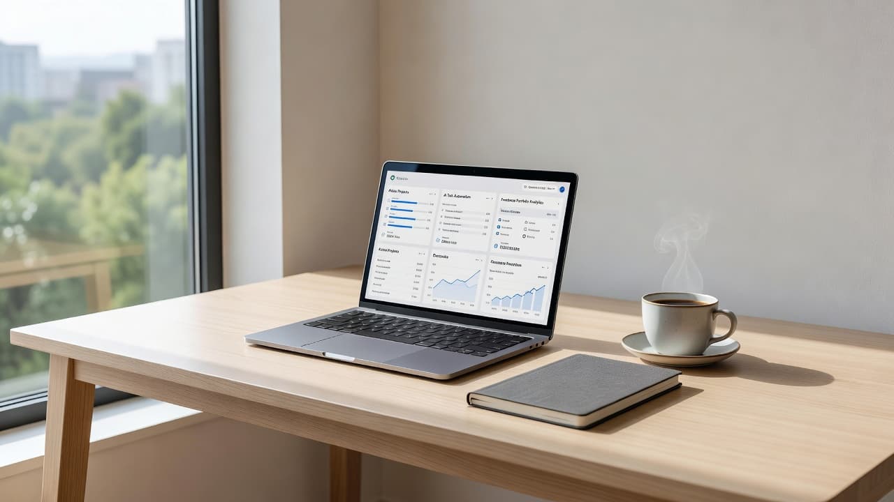A clean desk surface features an open silver laptop, a spiral notebook, and a steaming coffee mug. Gentle natural light streams from a side window, highlighting the organized and professional arrangement.