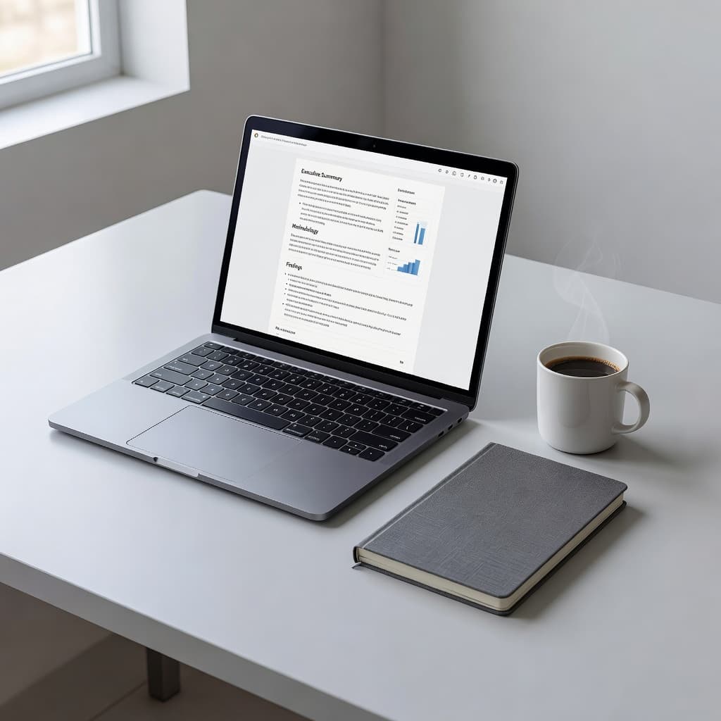 An open laptop displaying detailed data analysis sits on a clean desk beside a spiral notebook and a steaming coffee mug. Soft natural sunlight illuminates the tidy and organized workspace.