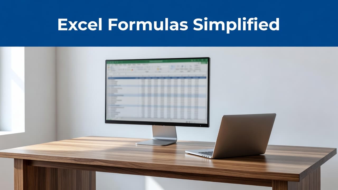 A high-resolution monitor sits on a sleek wooden desk, showcasing organized spreadsheet data alongside a closed professional laptop. Bright morning sunlight illuminates the clean, editorial-style workspace with a bold blue header.