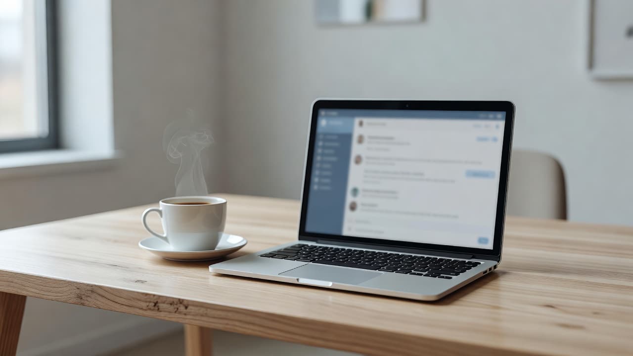 A sleek wooden desk features a silver laptop displaying a soft-focus chat interface. A ceramic coffee mug rests nearby, bathed in soft daylight that highlights the clean and organized office environment.