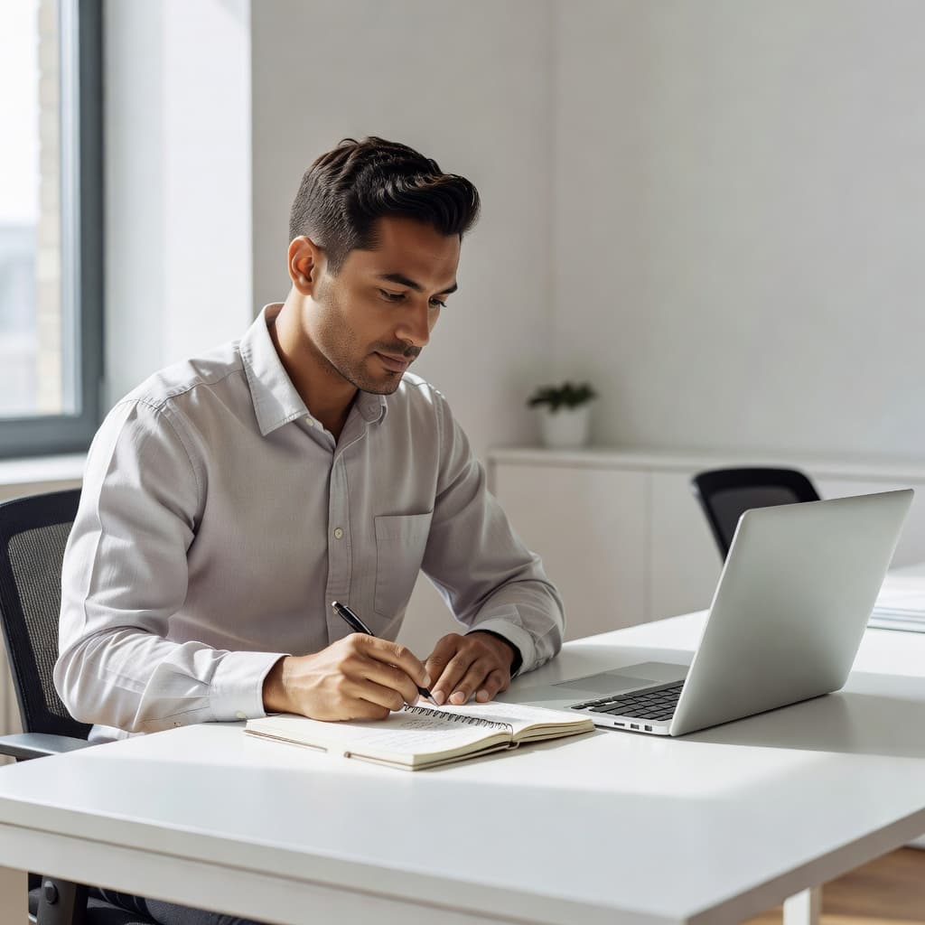 A person sits at a clean desk illuminated by daylight while checking a silver laptop and handwriting notes in a paper notebook to verify information within a bright professional office.
