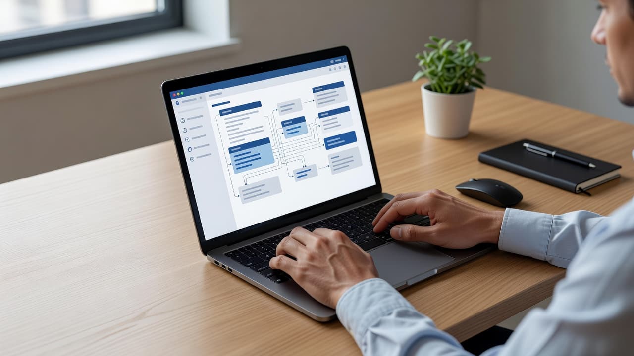 A pair of hands rests on a laptop keyboard atop a clean wooden desk, with a software interface displayed on screen. Soft window light creates a serene atmosphere for productive coding.